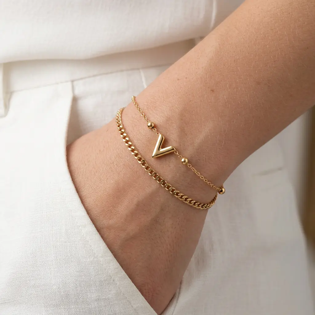 Pulsera en Acero Inoxidable dorada dije V