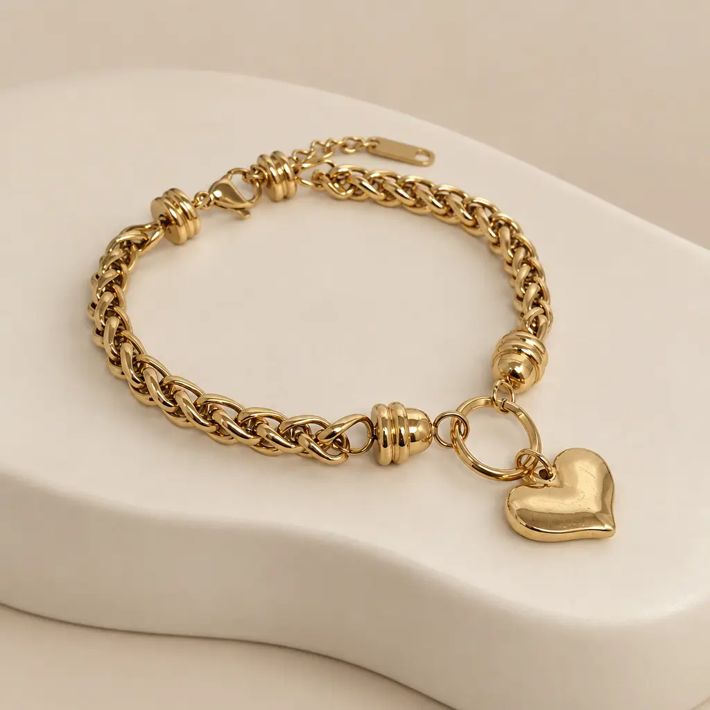 Pulsera en Acero Inoxidable dorada trenza dije corazón