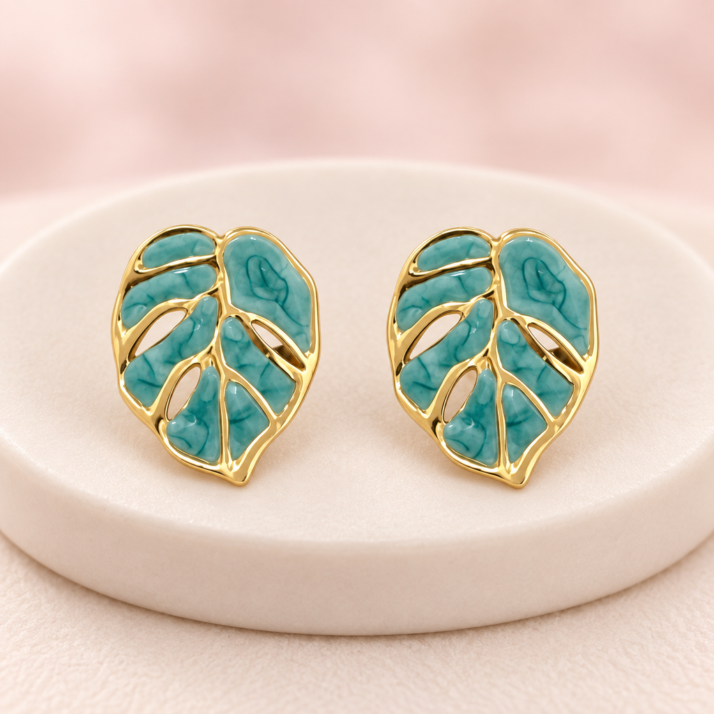 Arete en Acero Inoxidable gold hoja esmaltado verde 