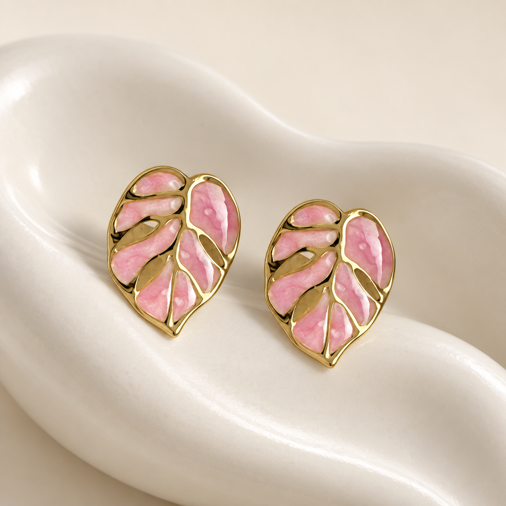Arete en Acero Inoxidable gold hoja esmaltado rosa 