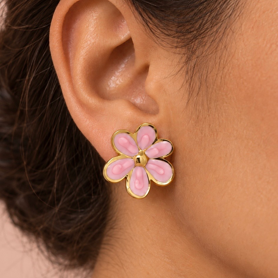 Arete en Acero Inoxidable gold flor esmaltado rosa 