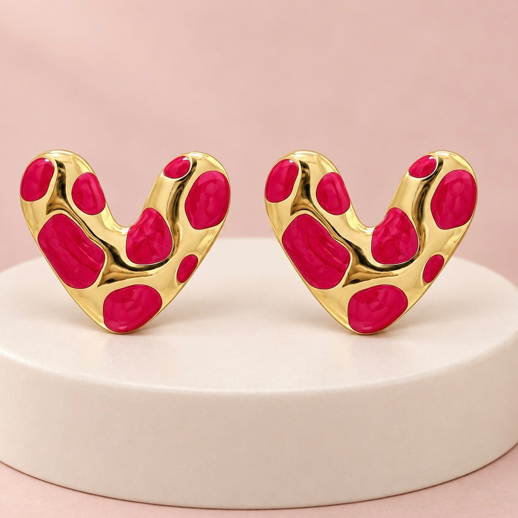 Arete en Acero Inoxidable gold corazón print esmaltado rojo 