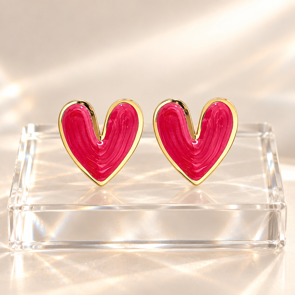Arete en Acero Inoxidable gold corazón esmaltado rojo frambuesa 
