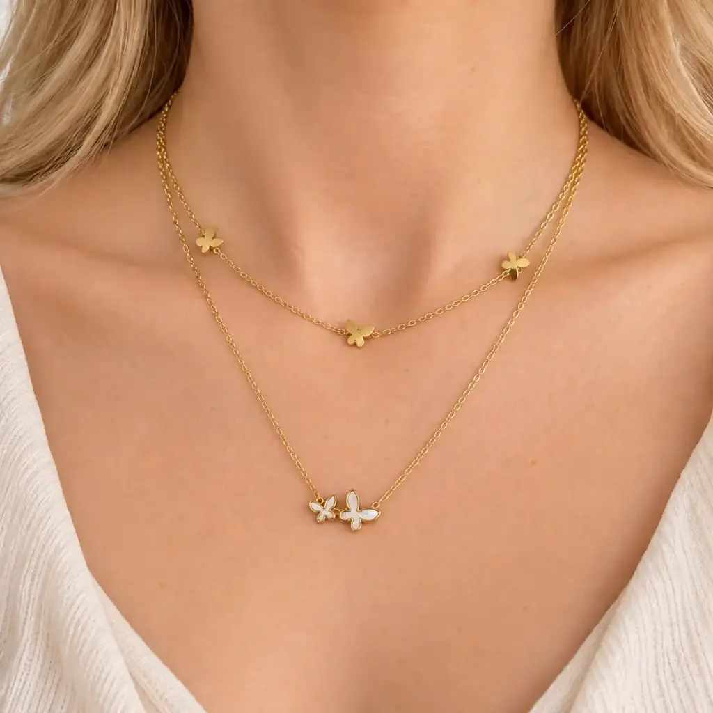 Collar en Acero Inoxidable doble dorado mariposas