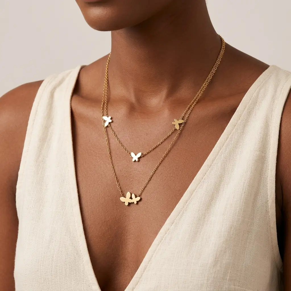 Collar en Acero Inoxidable doble dorado mariposas