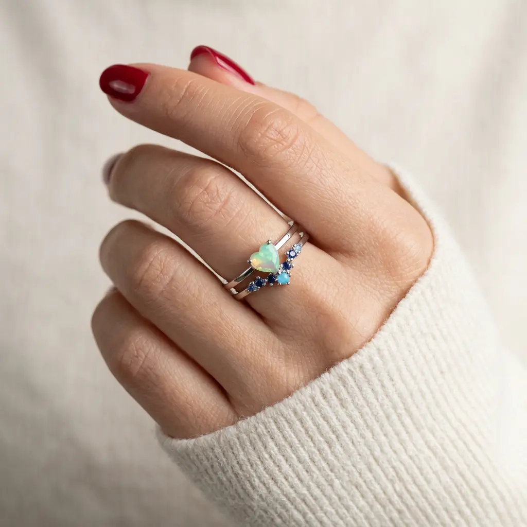 Anillo en rodinado plateado cristal color
