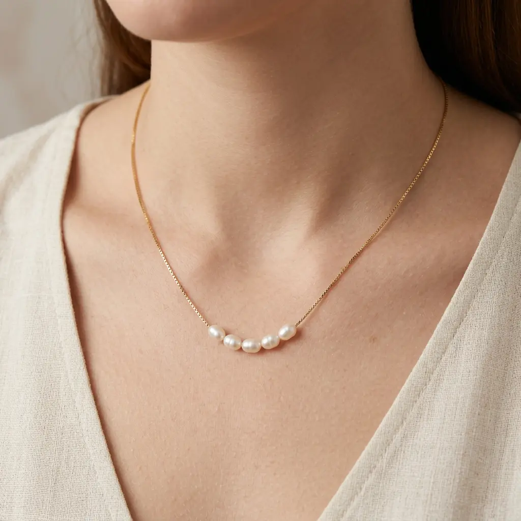 Collar en Acero Inoxidable dorado calidad 316L perlas