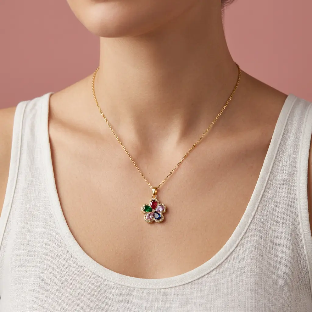 Collar en Acero Inoxidable dorado flor cirstales colores