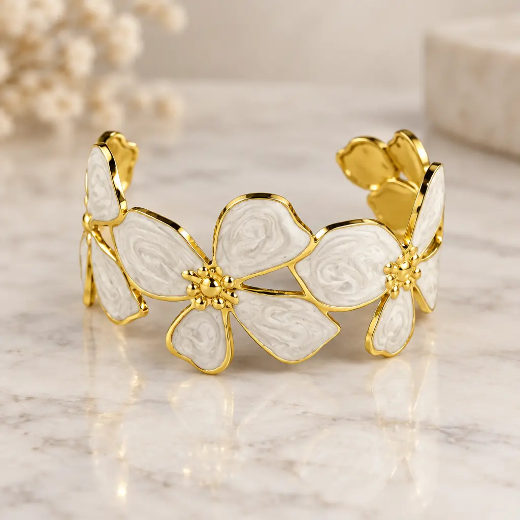 Brazalete en acero inoxidable dorado esmaltado blanco flor