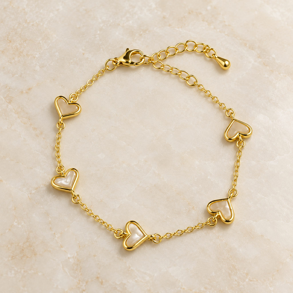 [G-PL-264] Pulsera en baño de oro dorada corazones blancos