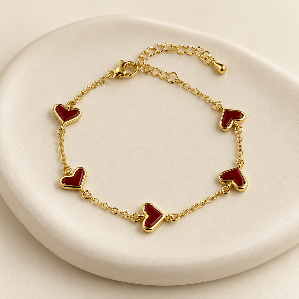 [G-PL-265] Pulsera en baño de oro dorada corazones rojos