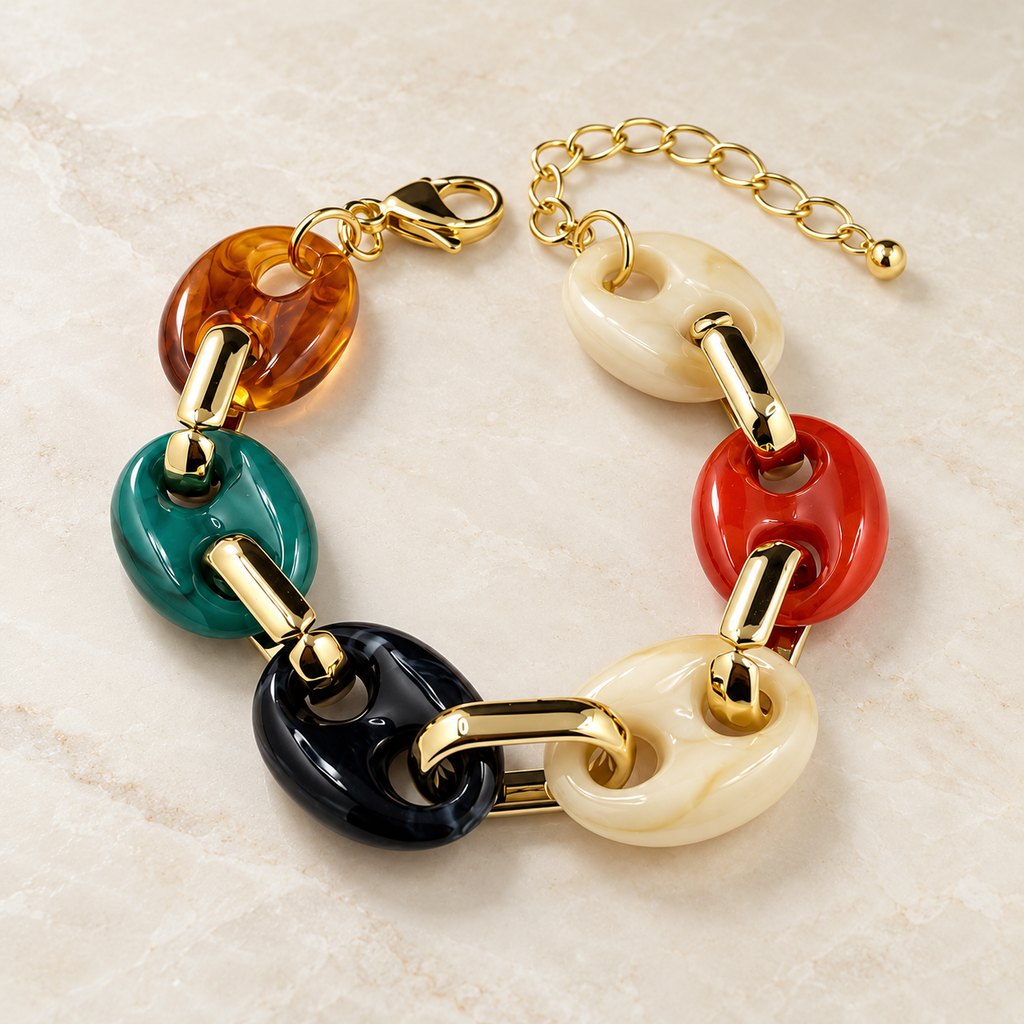 [G-PL-268] Pulsera en baño de oro eslabones gucci acrilico multicolor