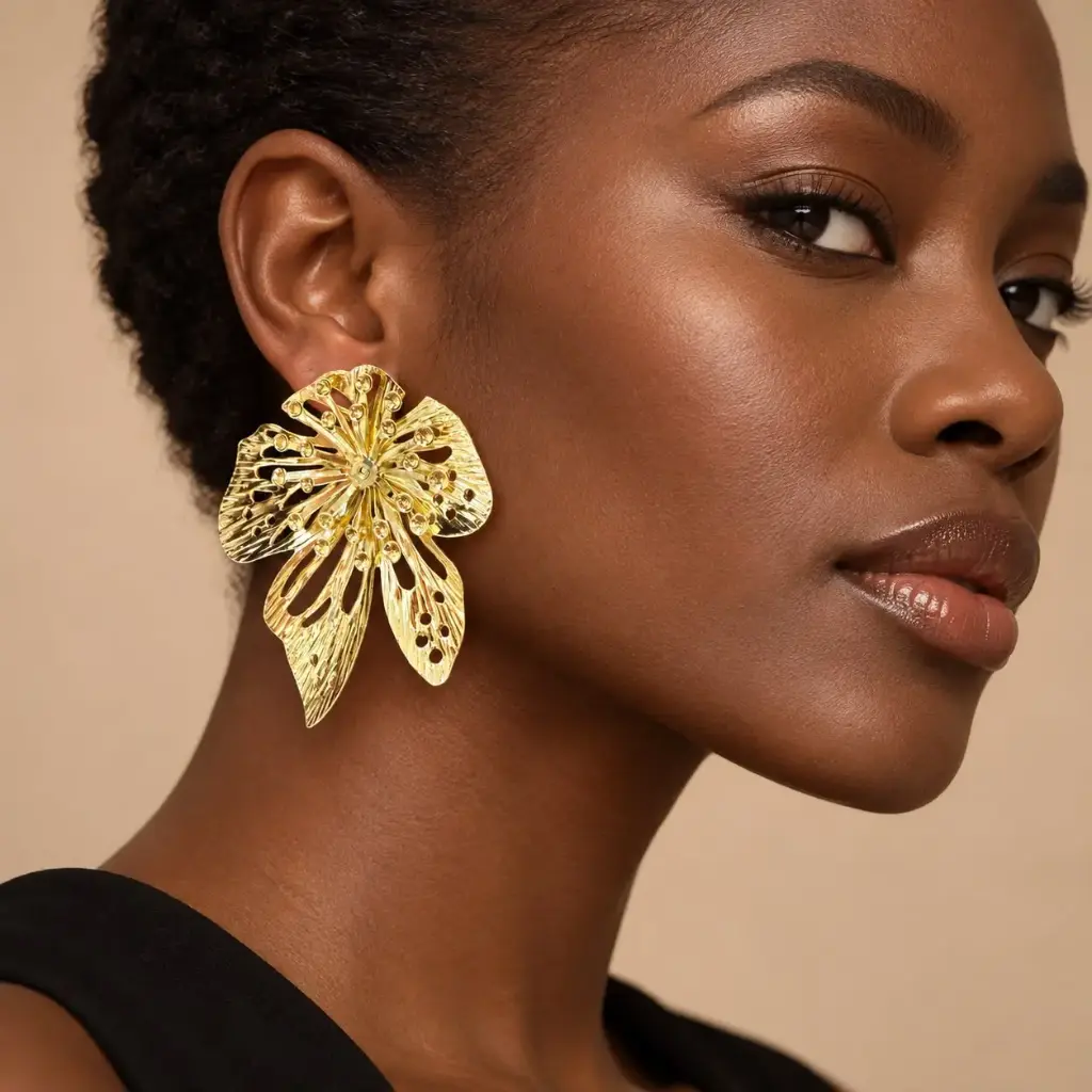 Maxi aretes en baño de oro dorados flor Ref. 2