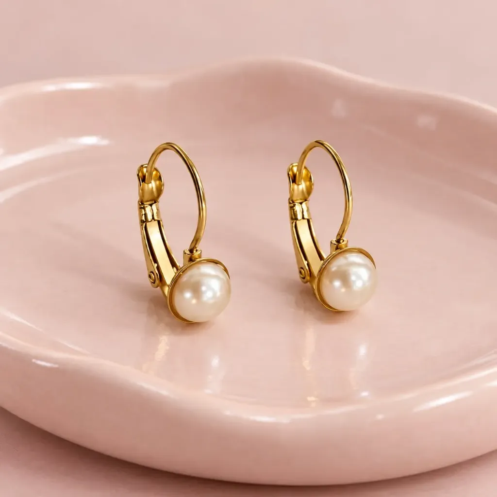 Aretes en acero inoxidable dorados broche gancho catalán perla N6