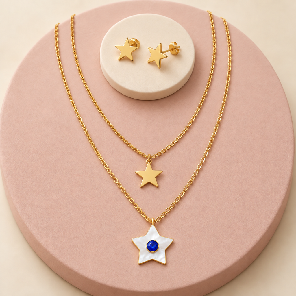 Juego en acero inoxidable dorado calidad premium doble estrellas cristal azul