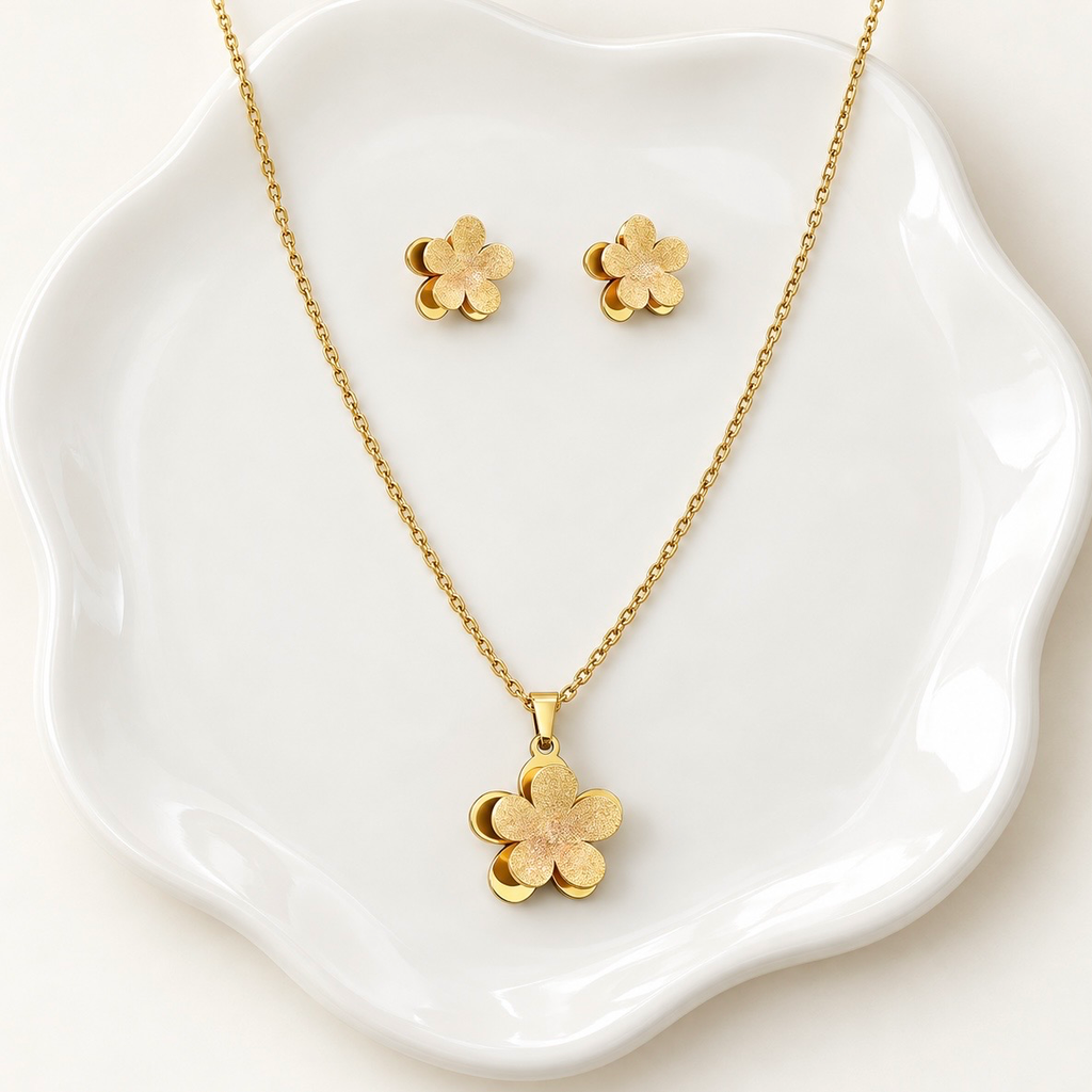 Juego en acero inoxidable dorado calidad premium flor satinado
