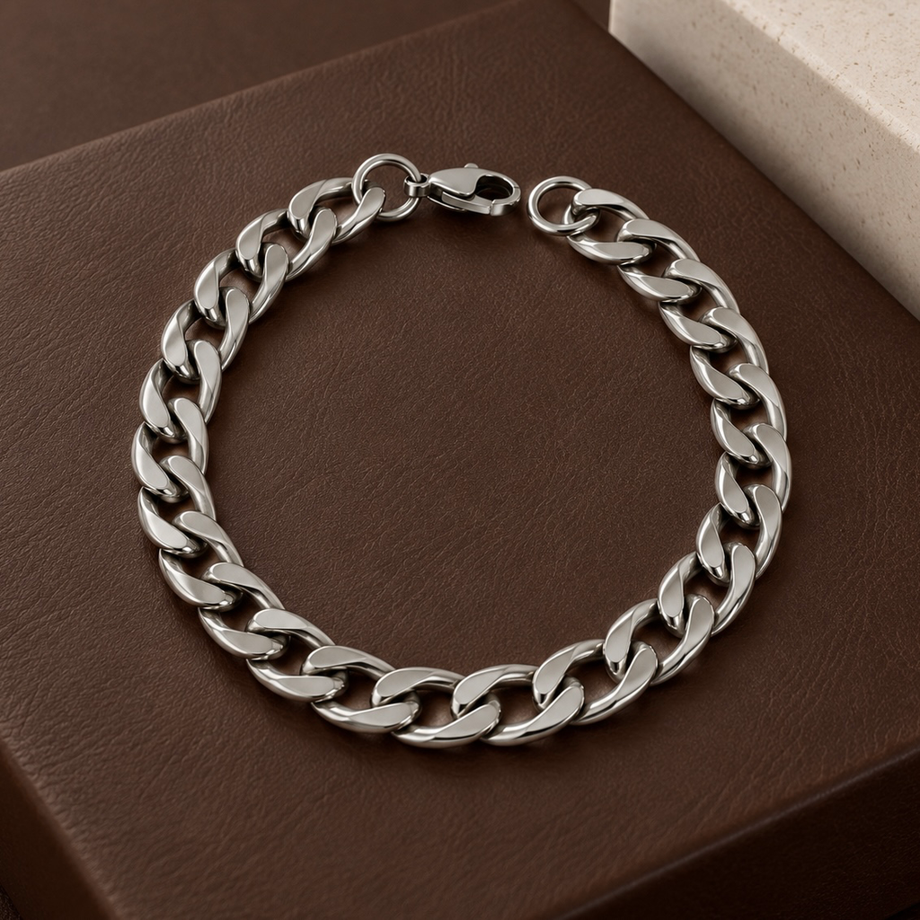 Pulsera en acero inoxidable plateada para hombre tejido barbada 21 cm