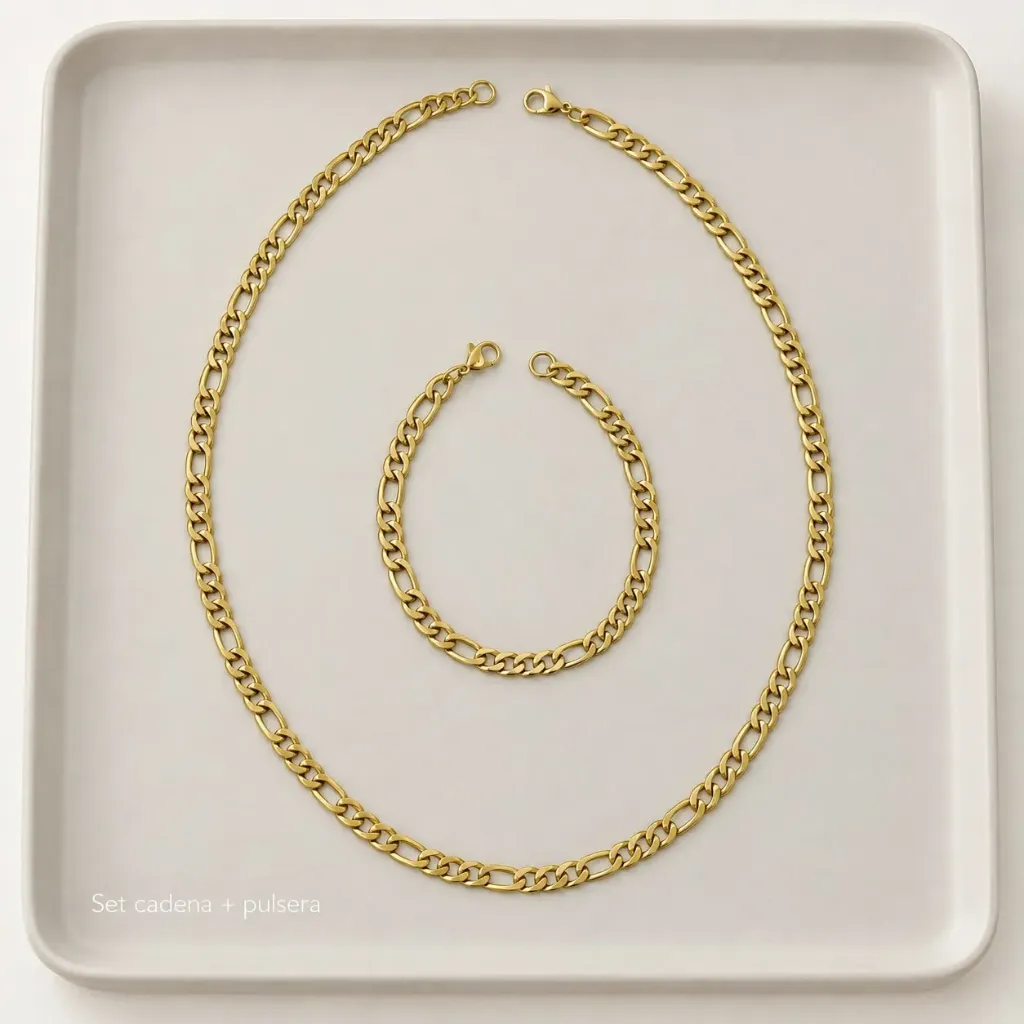 Set en Acero Inoxidable para hombre dorado cadena 60 cm + pulsera 21 cm tejido cartier