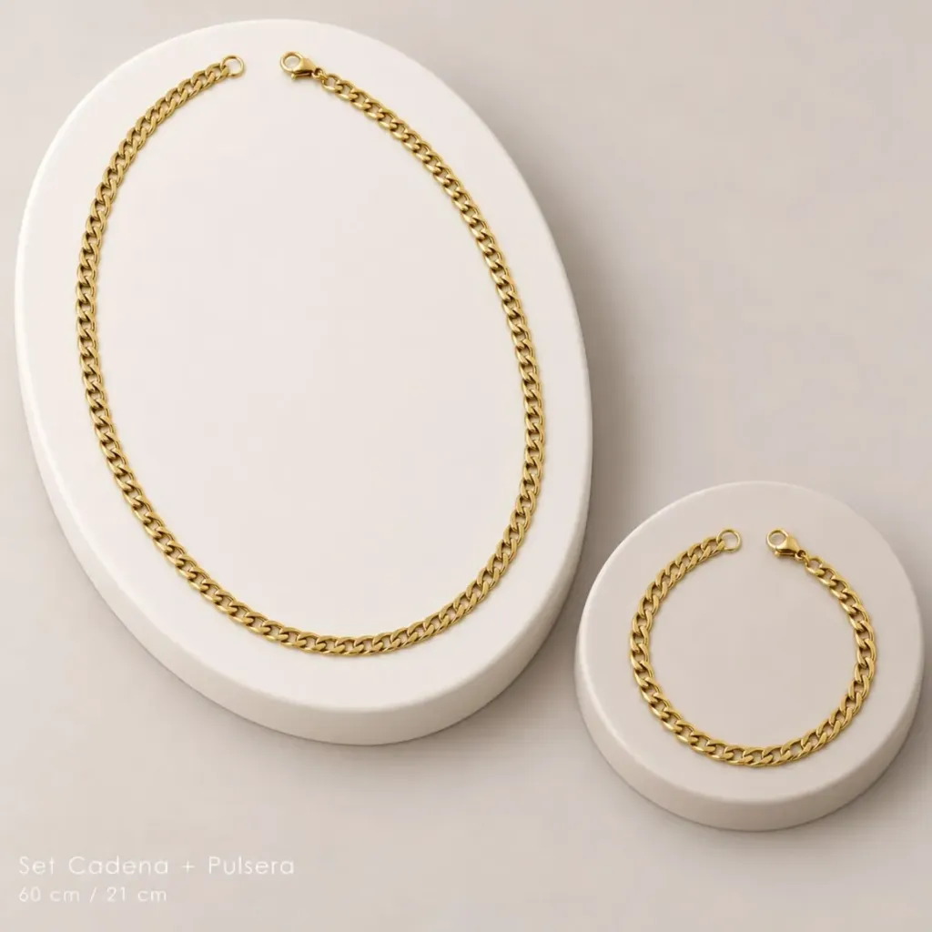 Set dorado en Acero Inoxidable para hombre cadena 60 cm + pulsera 21 tejido barbada diamantada