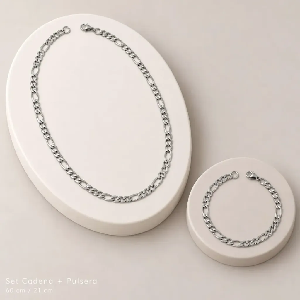 Set plateado en Acero Inoxidable para hombre cadena 60 cm + pulsera 21 tejido cartier