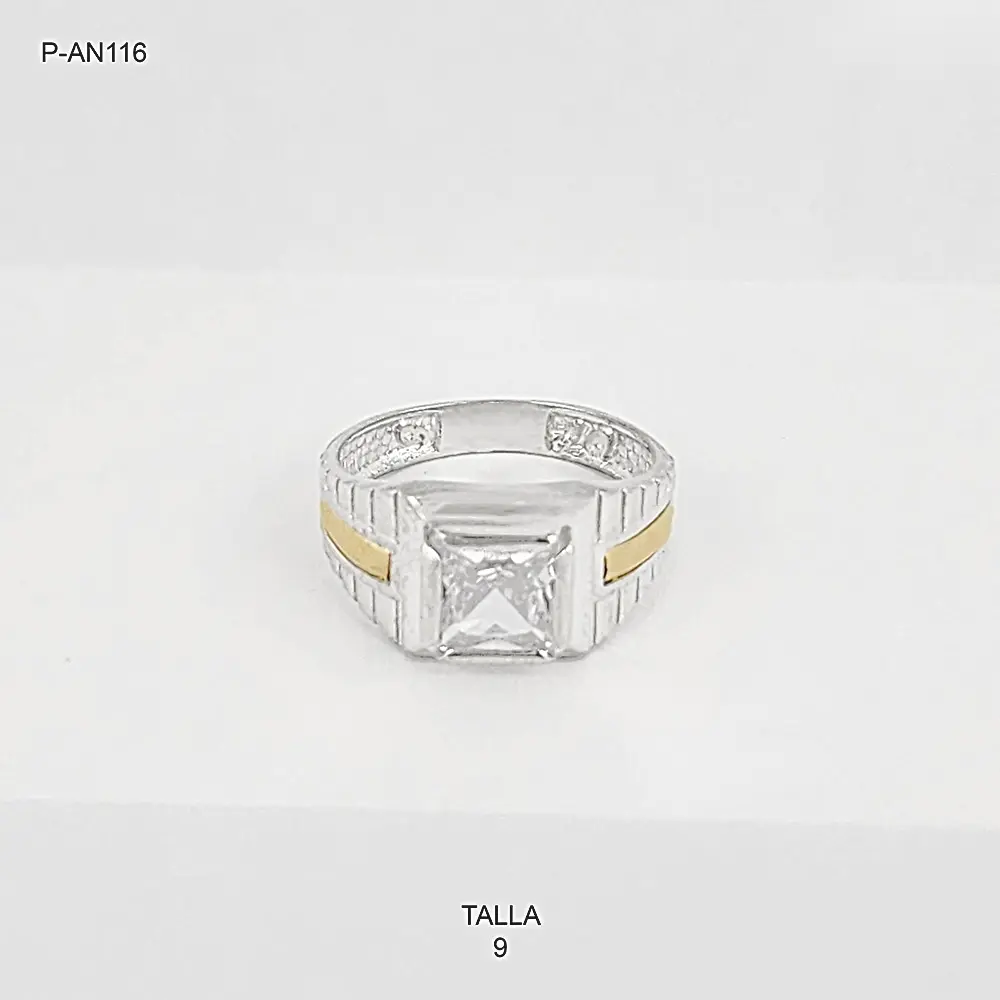 *ANILLO PLATA 925 HOMBRE CIRCON CUADRADO LINEAS DORADAS