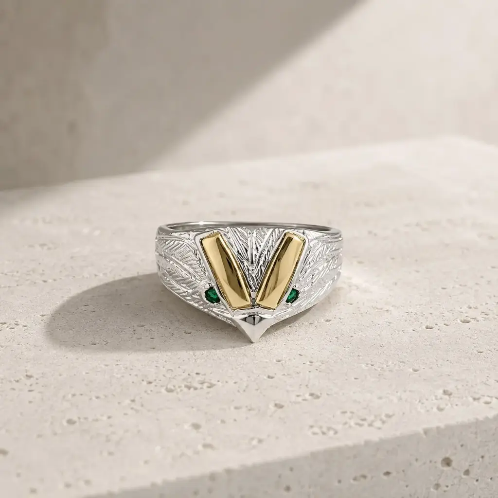 Anillo plata 925 hombre pico alcon circones verdes
