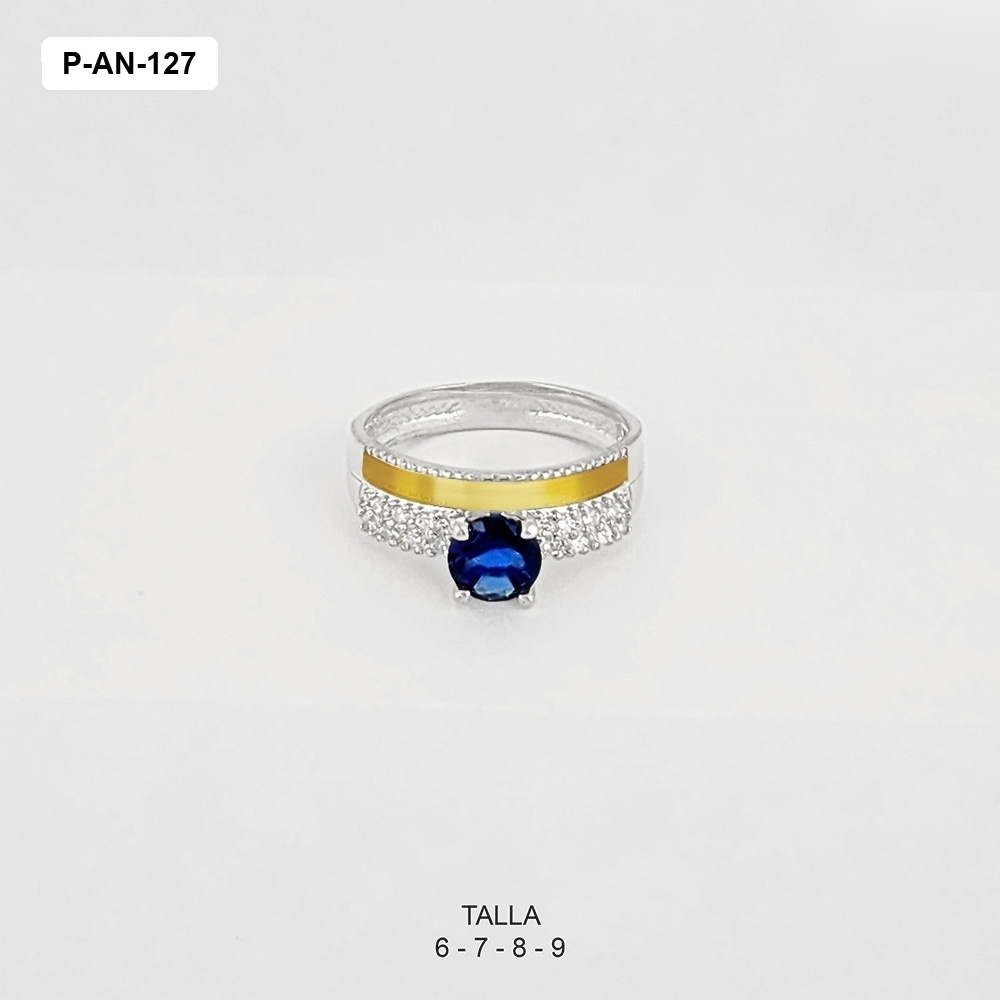 Anillo plata 925 y oro solitario circon azul