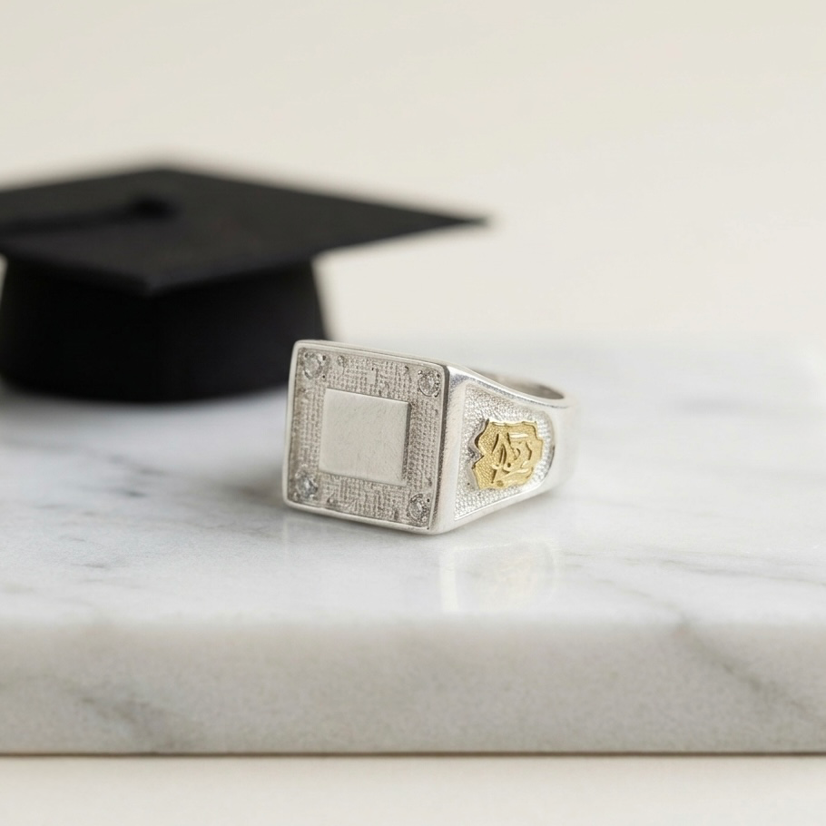 Anillo plata 925 y laminado oro grado cuadrado escudos laterales