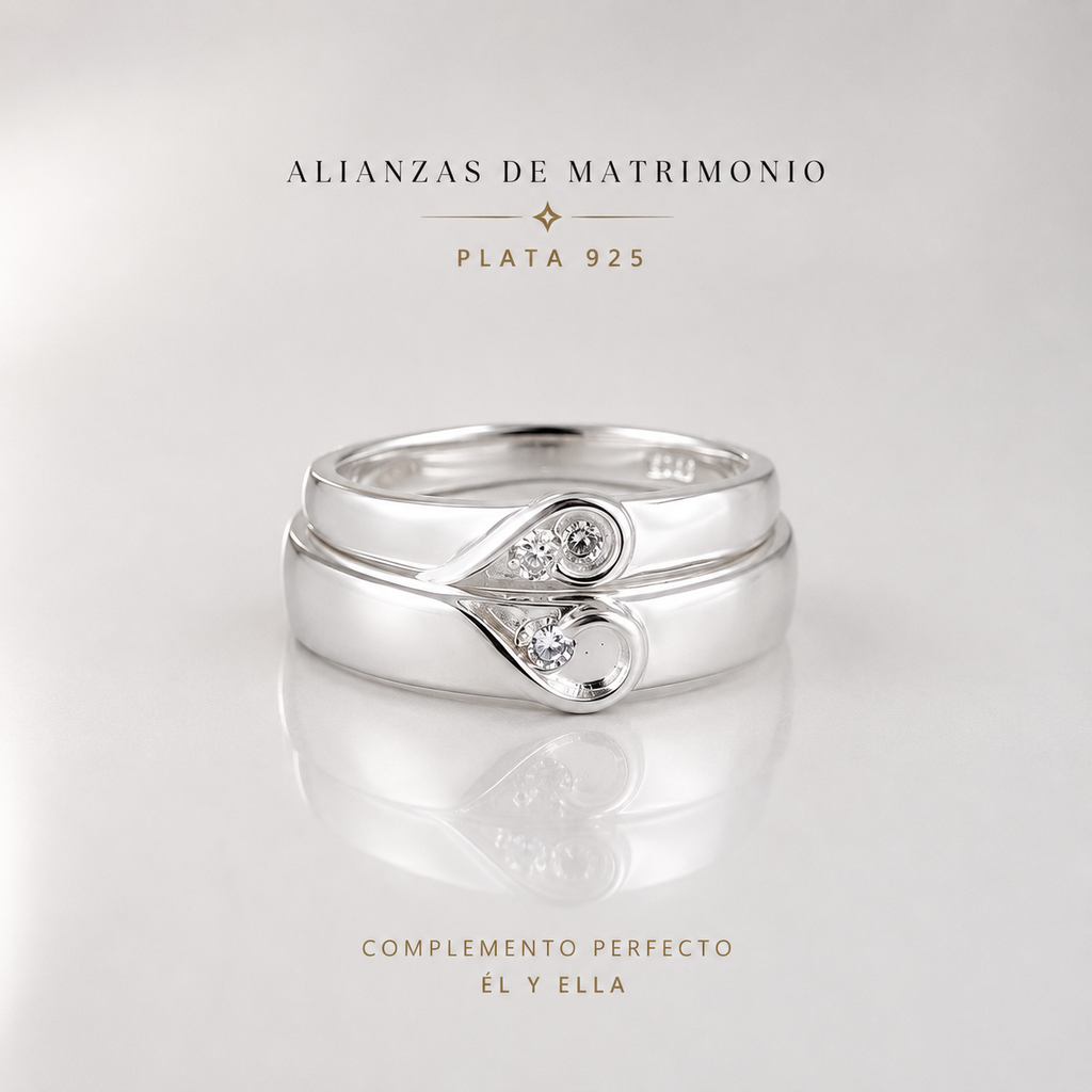 Anillo plata 925 alianza set x2 detalle corazon circon