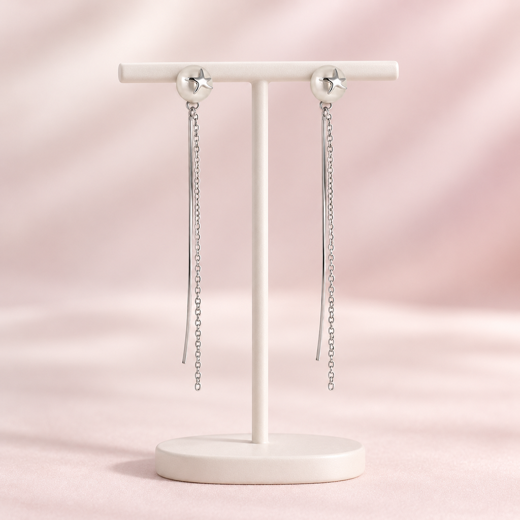Aretes largos plata 925 (b.rodio) perla estrellita mar