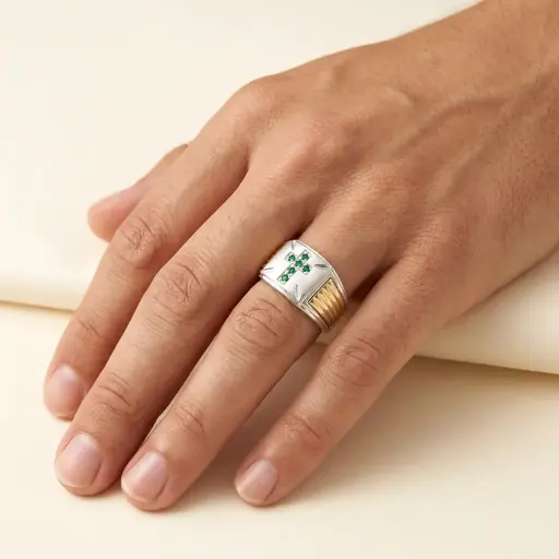 [P-AN-110] Anillo plata 925 hombre cruz dorada
