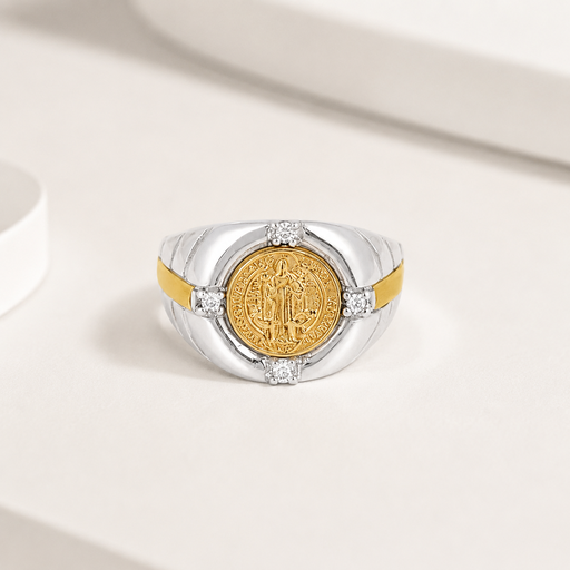 [P-AN-112] Anillo plata 925 y laminado en oro medalla san benito