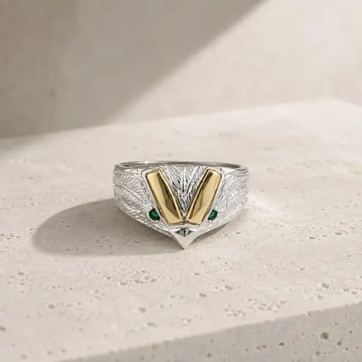 [P-AN-122] Anillo plata 925 hombre pico alcon circones verdes