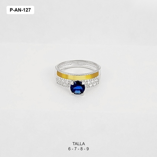 [P-AN-127] Anillo plata 925 y oro solitario circon azul