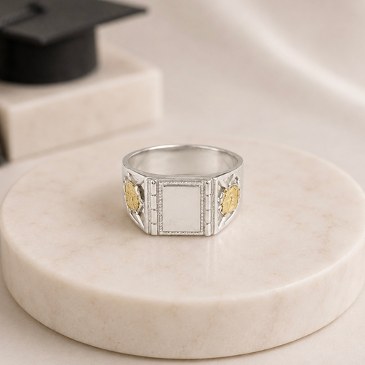 [P-AN-163] Anillo plata 925 y laminado oro grado base cuadrada lisa escudos laterales