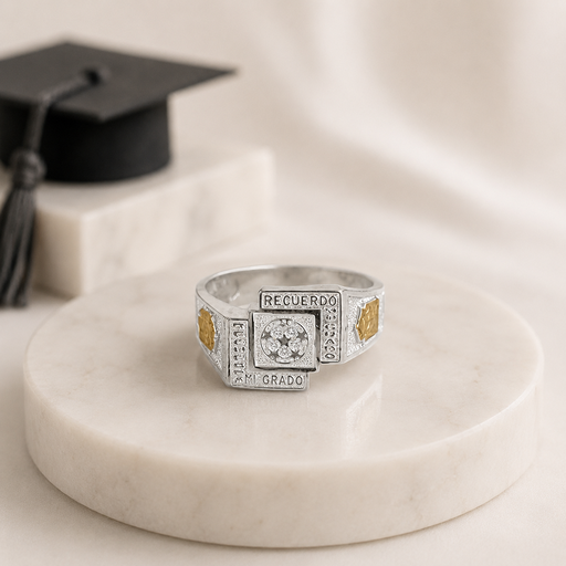[P-AN-165] Anillo plata 925 y laminado oro grado estrellas círculo escudos laterales
