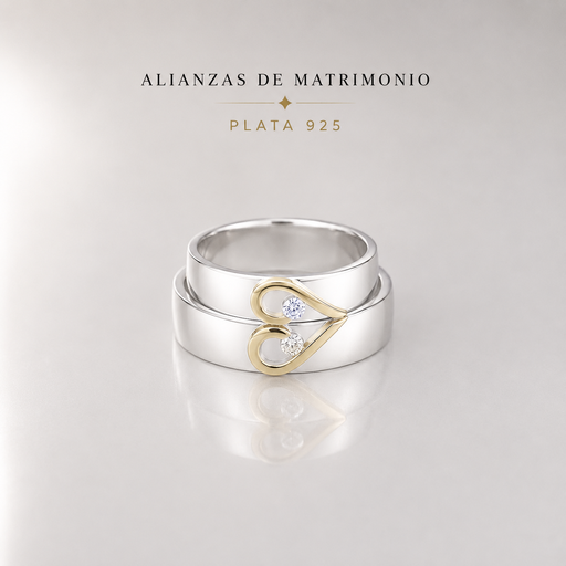 [P-AN-184] Anillo en plata ley 925 para pareja silueta corazón laminado - mujer talla 7 / hombre talla 12