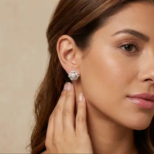 [P-AR-132] Aretes en Plata ley 925 flor perla cristales baguette