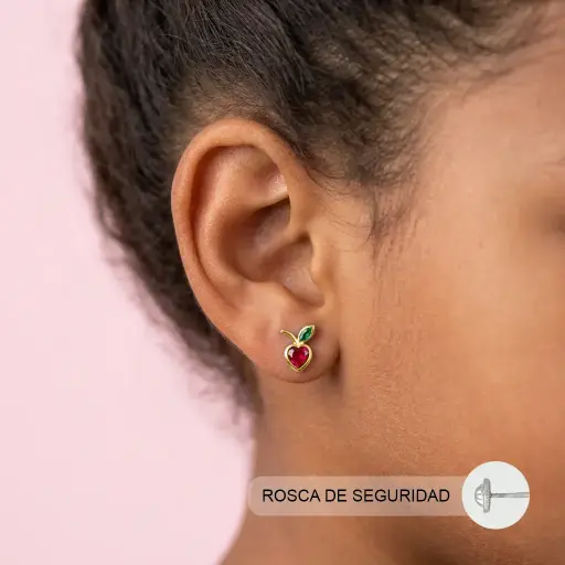 [P-AR-159] Topo ortopedico en Plata ley 925 laminado en oro de 18 kilates rosca de seguridad corazón manzana cristal color