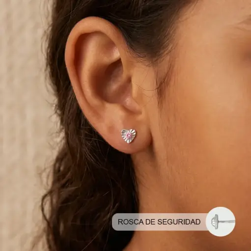 [P-AR-176] Topo ortopedico en Plata ley 925 rosca de seguridad corazón martillado circón color surtido