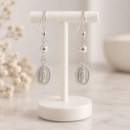 [P-AR-286] Arete largo plata 925 gancho anzuelo virgen guadalupe