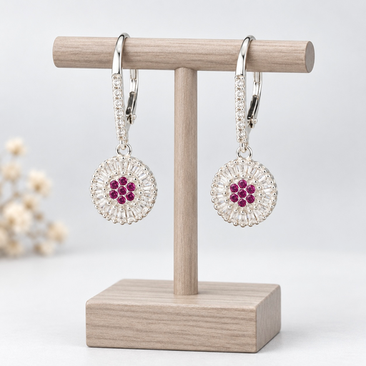 [P-AR-353] Aretes en plata ley 925  gancho catalán microcircones magenta