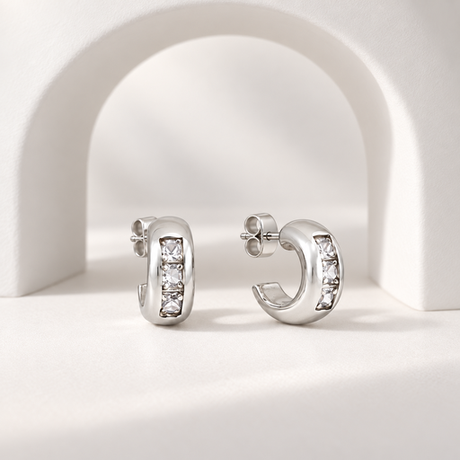 [P-AR-391] Aretes en plata ley 925 tipo argolla cristales baguette blancos