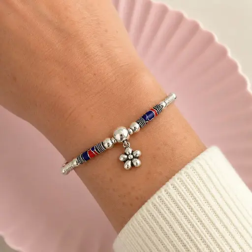 [P-PL-104] Pulsera en plata 925 eslabones caña bolas flor y palo azul rojo