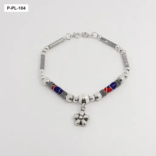 [P-PL-104] Pulsera en plata 925 eslabones caña bolas flor y palo azul rojo