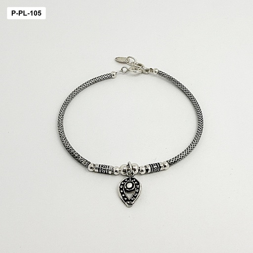 [P-PL-105] Pulsera en plata quemada 925 guaya y hoja