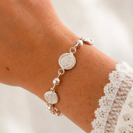[P-PL-163] Pulsera en plata ley 925 bolas medalla san benito