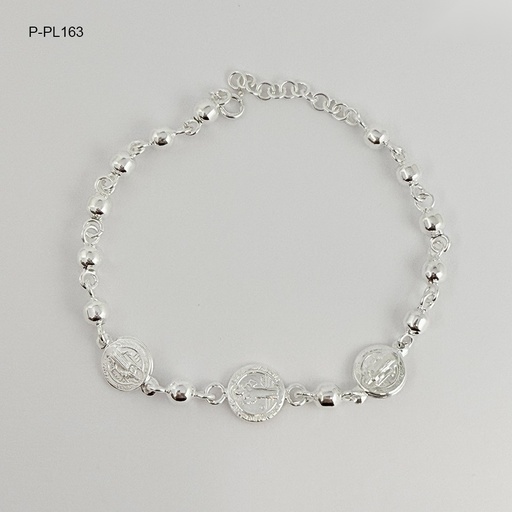 [P-PL-163] Pulsera en plata ley 925 bolas medalla san benito