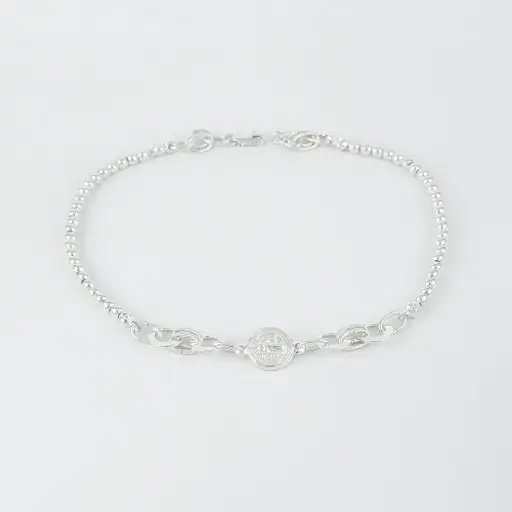 [P-TB-100] Tobillera plata 925 bolitas arandelas medalla san benito