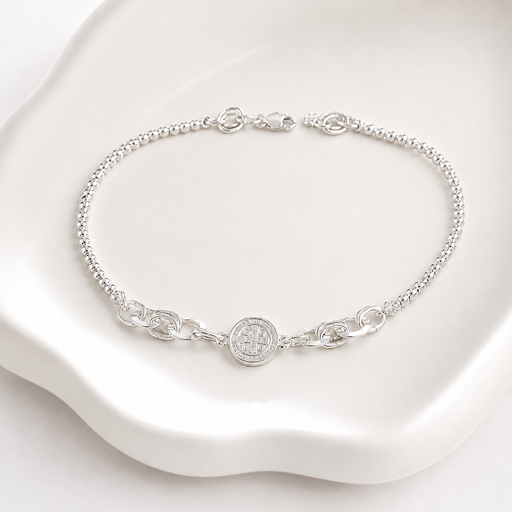 [P-TB-100] Tobillera plata 925 bolitas arandelas medalla san benito